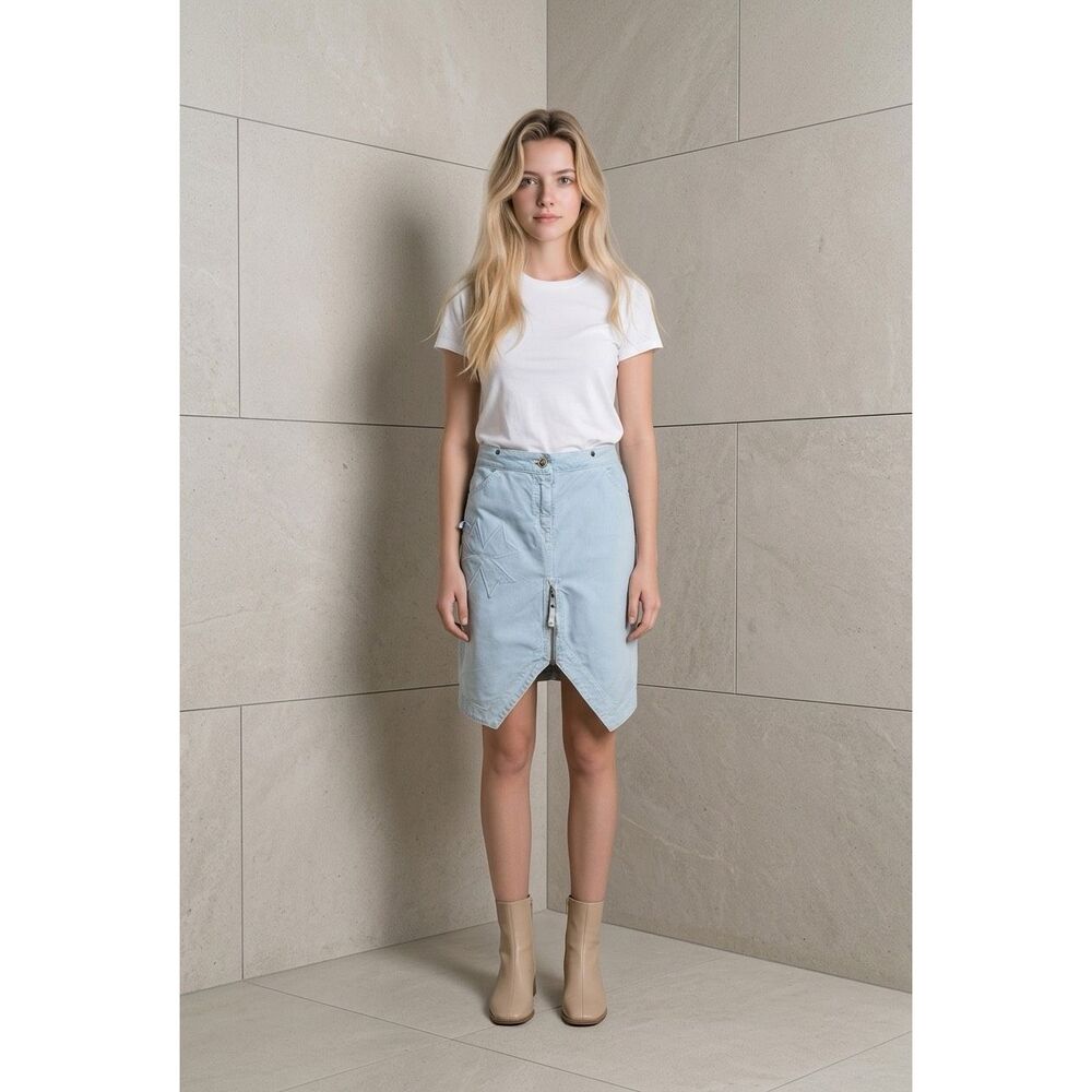 Fake London Genius Light Blue Cotton Zip Front Midi Skirt Vintage Style Boho Pun